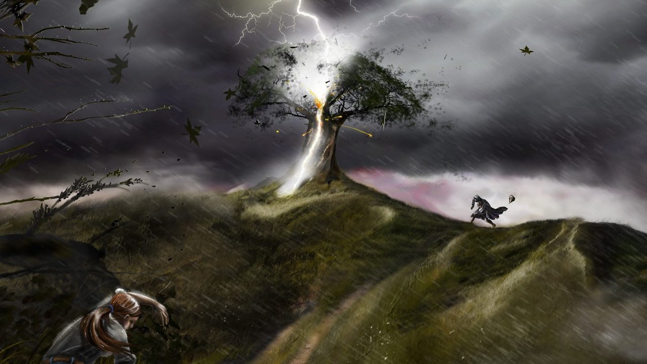 Martin Luther und ein Baum in dem ein Blitz einschlägt