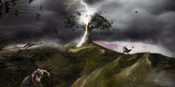Martin Luther und ein Baum in dem ein Blitz einschlägt