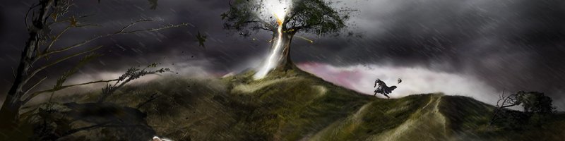 Martin Luther und ein Baum in dem ein Blitz einschlägt